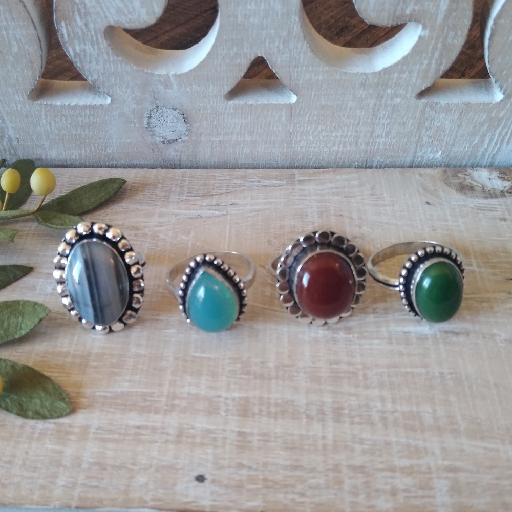 4 SILVER AND STONE RINGS NWOT